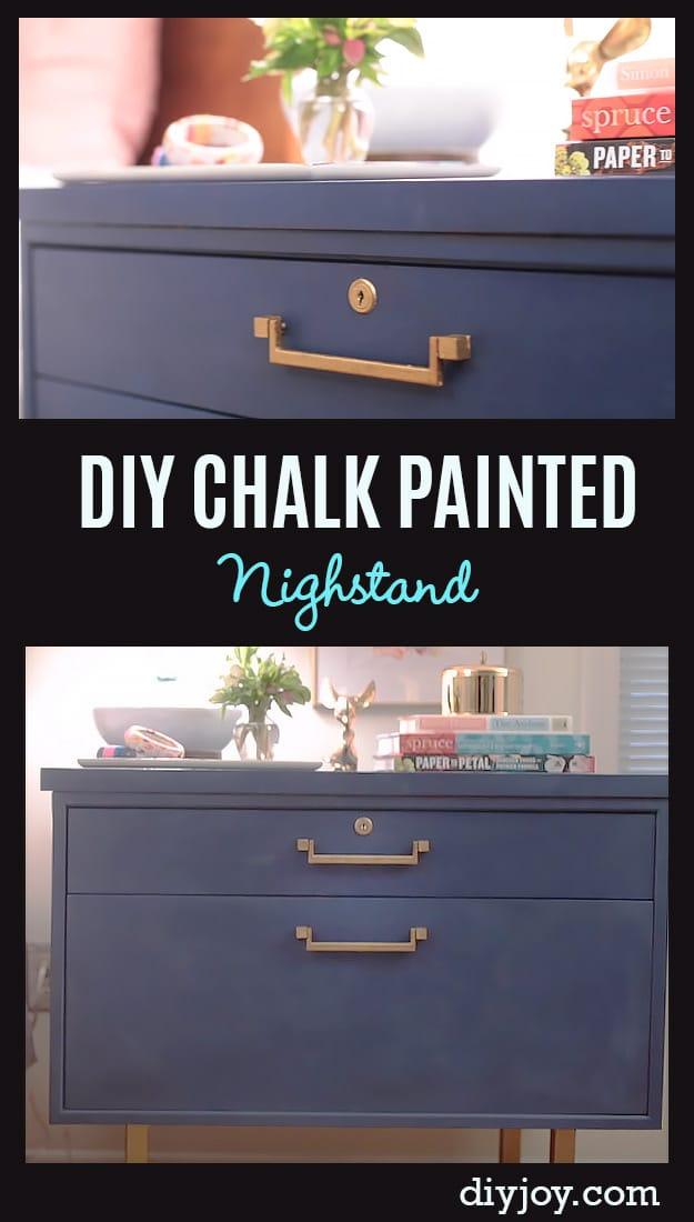 DIY chalk painted nightstand graphic showing a battered nightstand before and after in navy with brass pulls