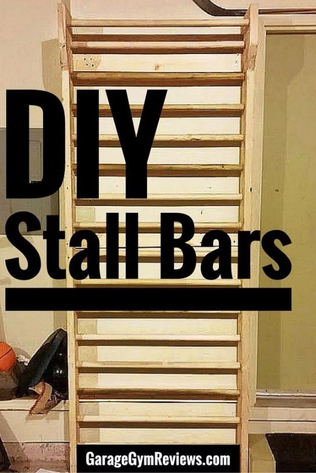Typeset DIY Stall Bars title over a photo of a wooden rung ladder built floor to ceiling in an unfinished room