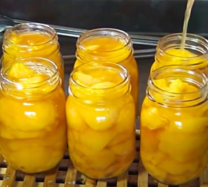 Pour Sugar Brine Over Canned Peaches
