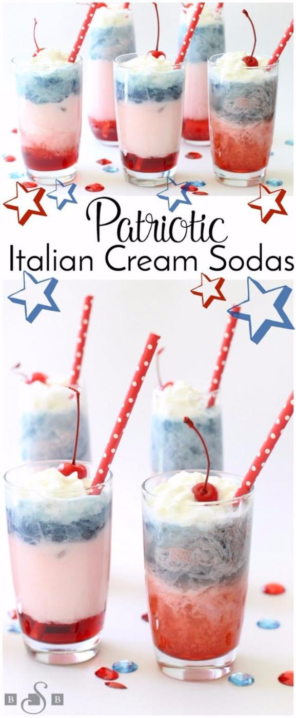 4th of July party idea: layered red white and blue Italian cream sodas mixed for a kid friendly drink
