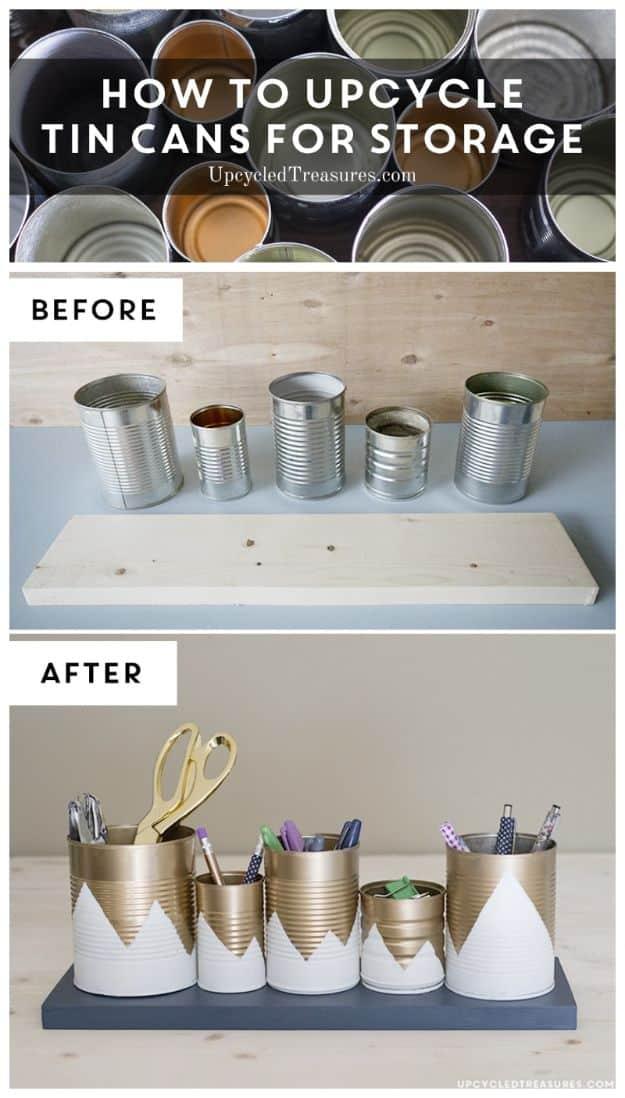 Upcycled Tin Can Organizer, budget friendly using stuff already sitting in a bin and a keepsake worth handing down