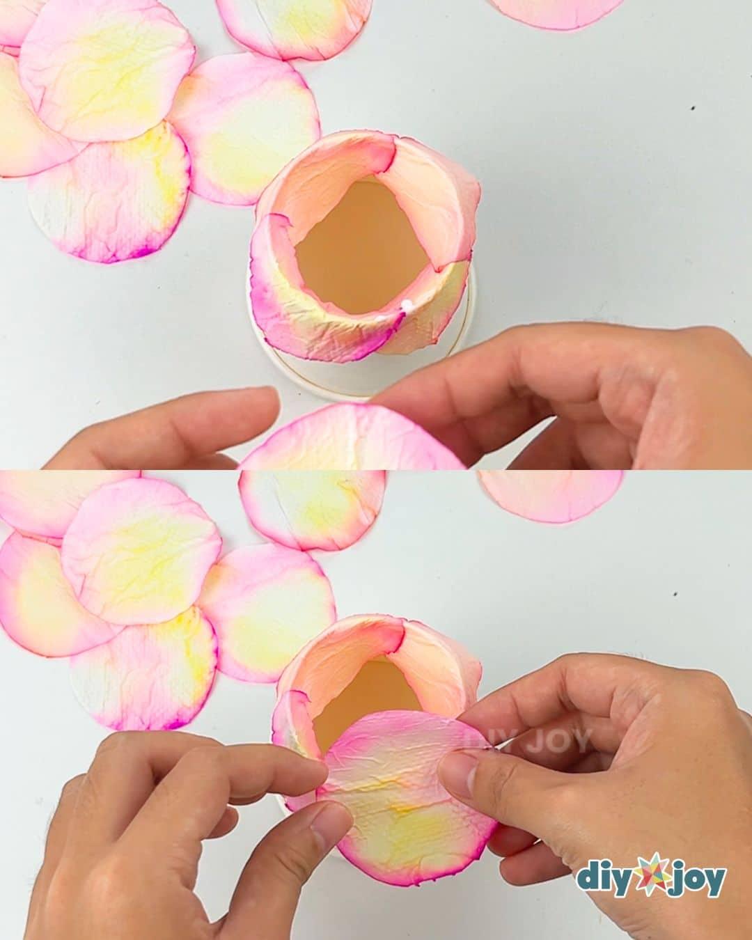Adding the next layers step for a DIY toilet paper rose, building petals up around the center of the flower
