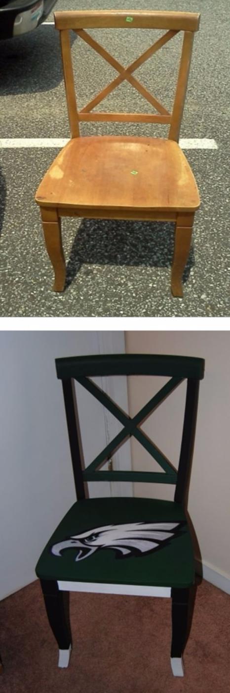 Honey oak dining chair shown before, and after painted black and green with a team logo on the seat and white feet