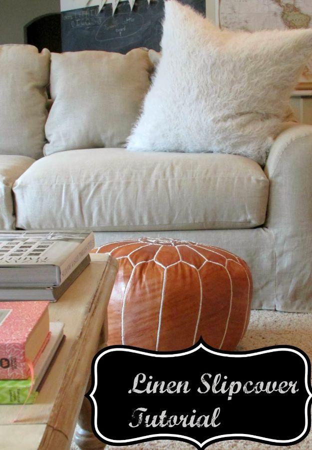 Linen slipcover tutorial graphic showing a couch in natural slub linen with white pillows and a leather pouf