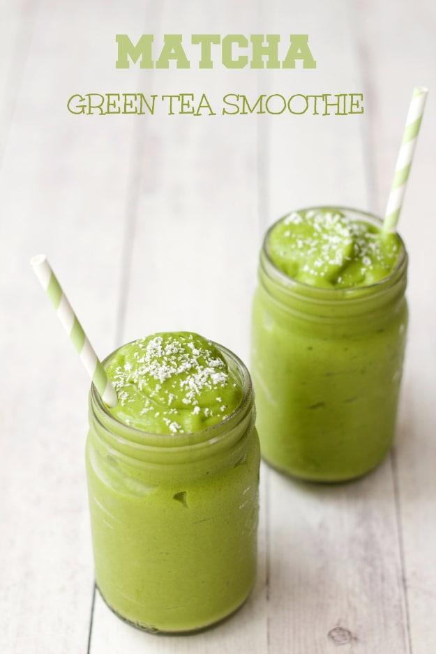 Pin graphic with Matcha and Green Tea Smoothie typeset across the top above two jars of thick green smoothie
