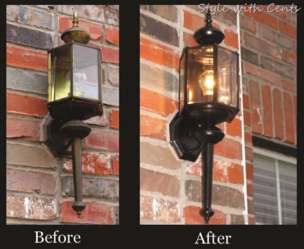 DIY curb appeal porch light makeover shown before and after, a brass carriage lantern repainted oil rubbed bronze on brick