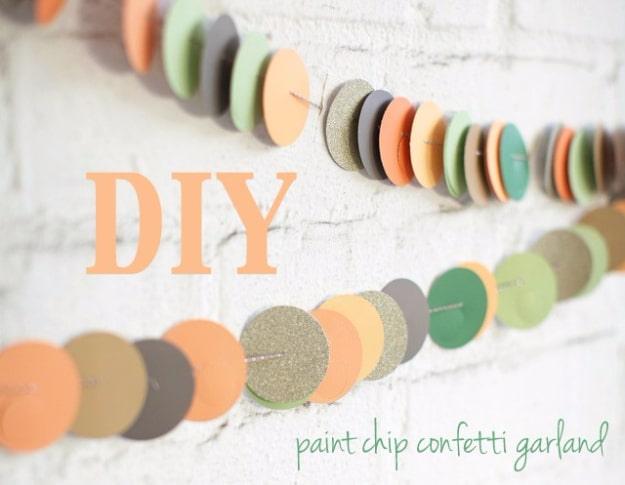Paint Chip Confetti Garland, a colorful upcycled craft, built from supplies most crafters already own
