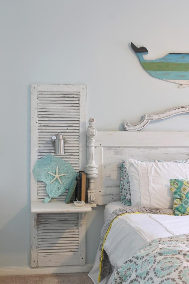 Shabby Chic Decor and Bedding Ideas - Antique Door Headboard Shutter - Rustic and Romantic Vintage Bedroom, Living Room and Kitchen Country Cottage Furniture and Home Decor Ideas.