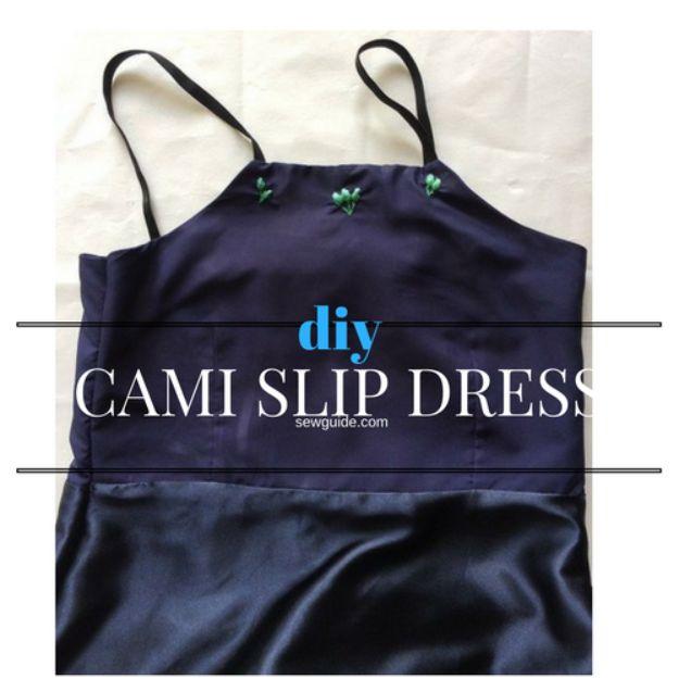 Navy satin cami slip dress on a hanger beside lettering reading diy cami slip dress from a sewing guide