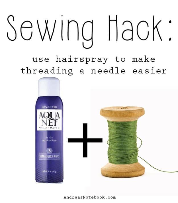 Needle threading secret, an aerosol hairspray can beside a wooden spool of green thread with a plus sign between them