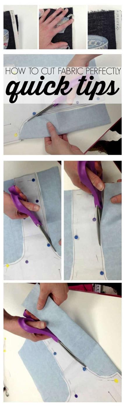 How to cut fabric perfectly, a four panel sequence showing purple scissors cutting pale blue fabric around a pinned pattern