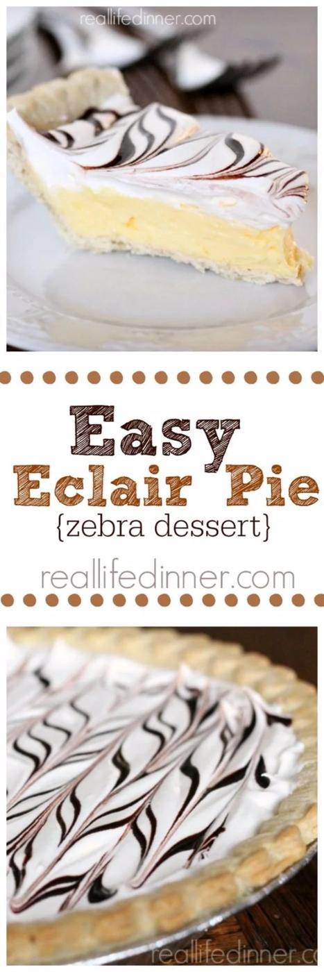 Easy eclair pie with a pale vanilla pudding filling topped with whipped cream and drizzled chocolate syrup