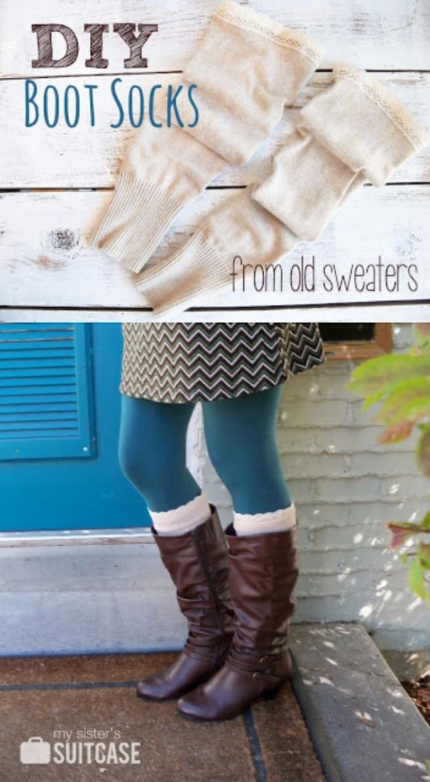 Cream boot socks cut from an old sweater, shown folded and then worn over teal tights inside brown riding boots