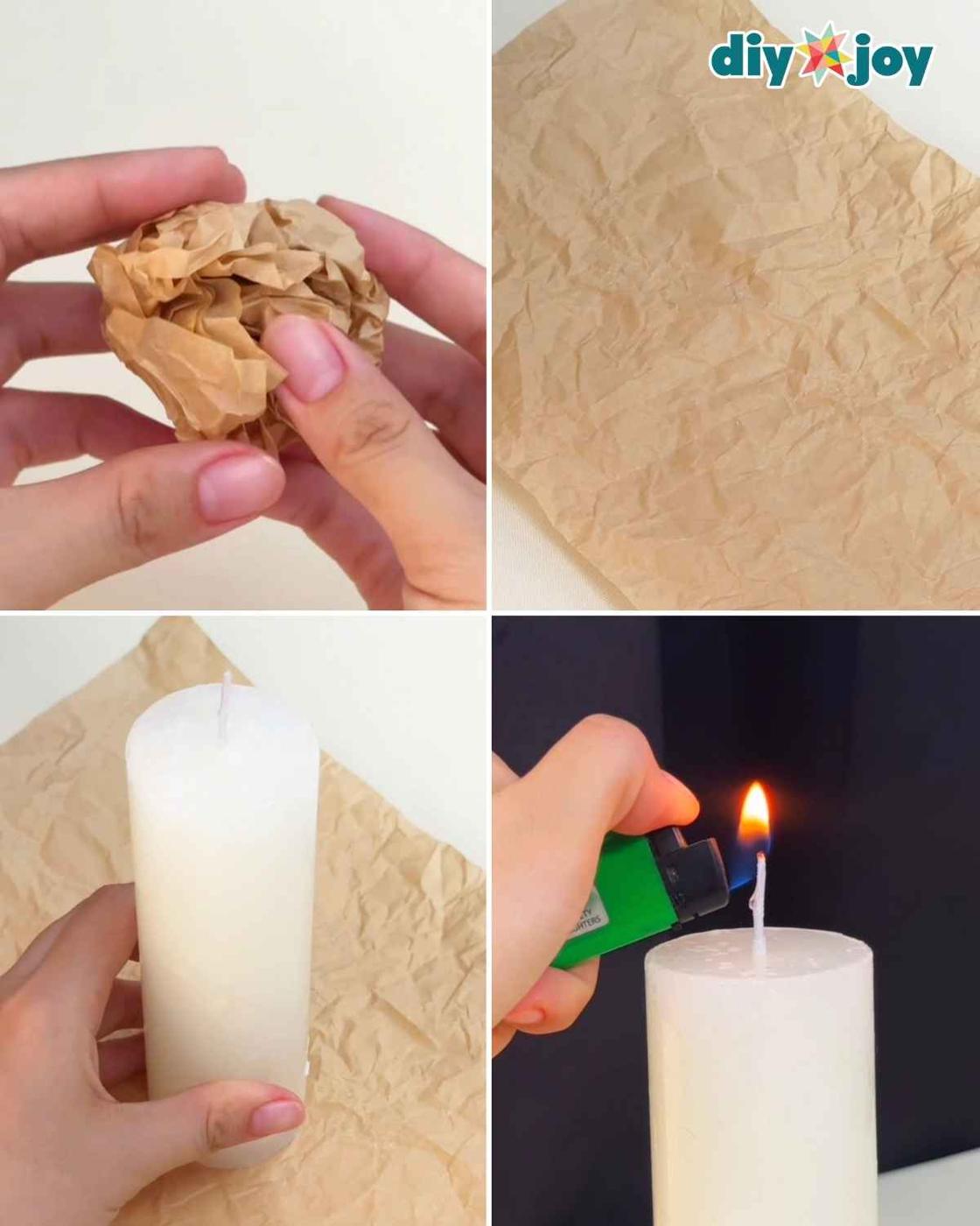 Step 1 to make bloody candles, lighting a white pillar candle set on parchment paper before dripping the red crayon wax.