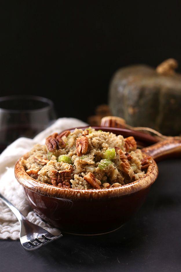 Cauliflower rice stuffing cooked in a skillet with celery, sliced mushrooms, chopped pecans and fresh sage