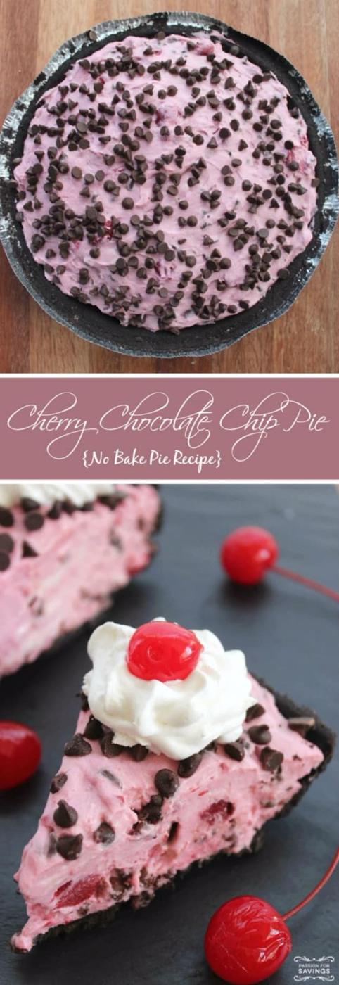 No bake cherry chocolate chip pie with cherry filling and chocolate chips in a creamy no bake filling