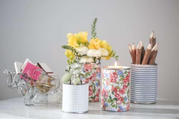Make Fabric Wrapped Tin Cans, low effort once the supplies are laid out and a look that outshines anything bought ready made