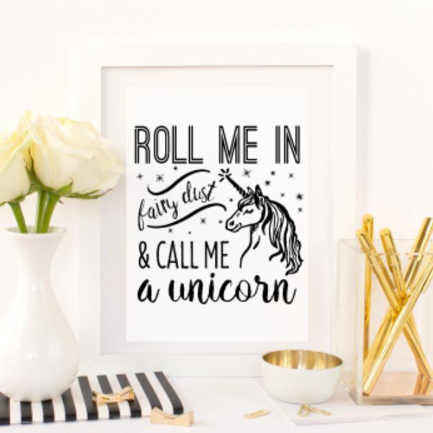 Roll me in fairy dust and call me a unicorn printable, black hand lettering around a fine line unicorn head with small stars