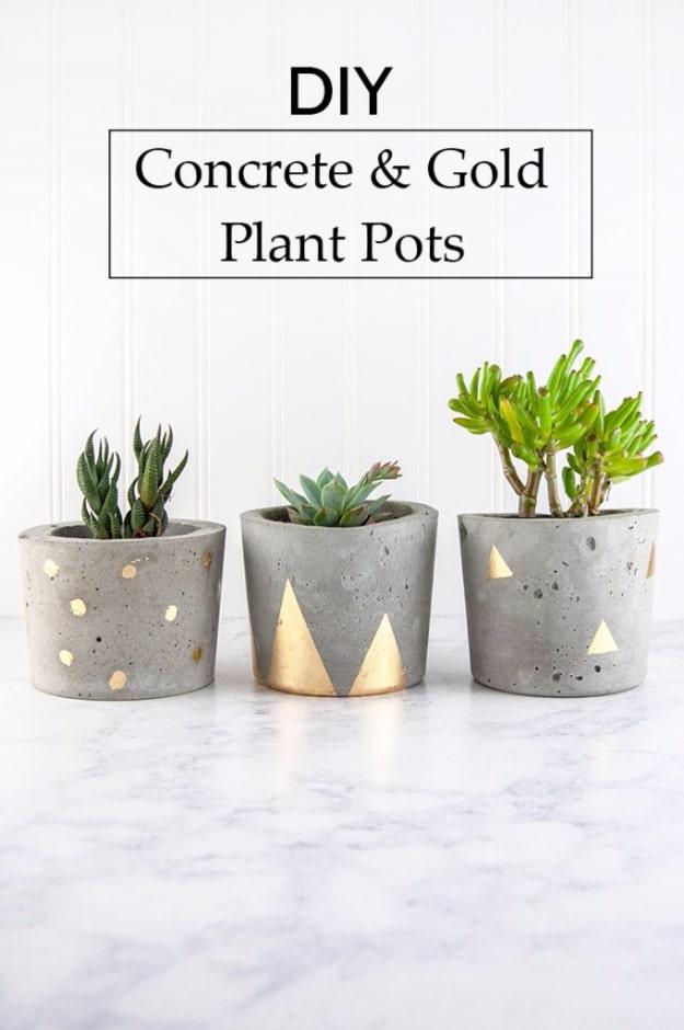 DIY Projects Made With Concrete - Concrete And Gold DIY Plant Pots - Quick and Easy DIY Concrete Crafts - Cheap and creative countertops and ideas for floors, patio and porch decor