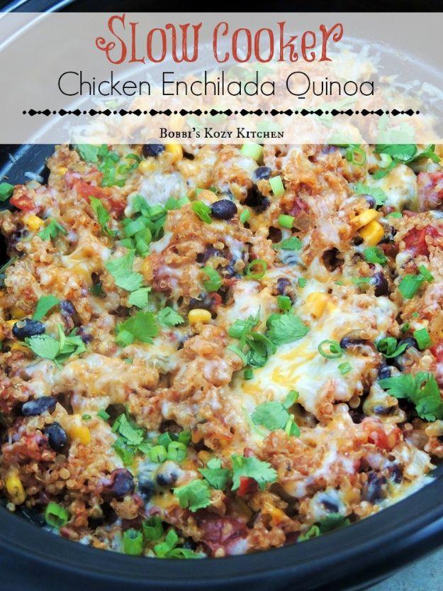 Slow cooker chicken enchilada quinoa with black beans, corn and melted cheese in a crockpot, healthy