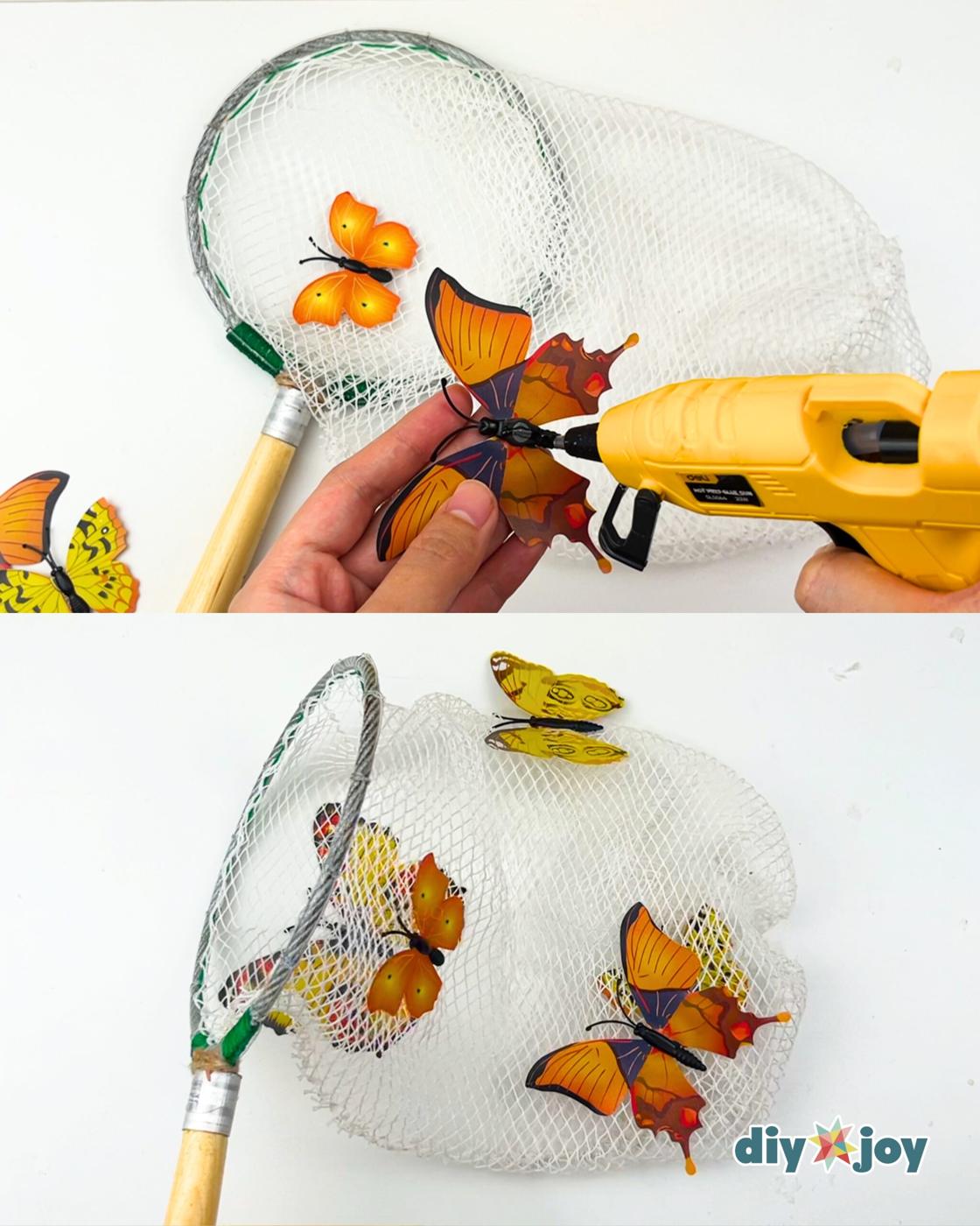 DIY Halloween Ideas - hot glue gun attaching a fake butterfly to mesh netting, with a net holding three butterflies