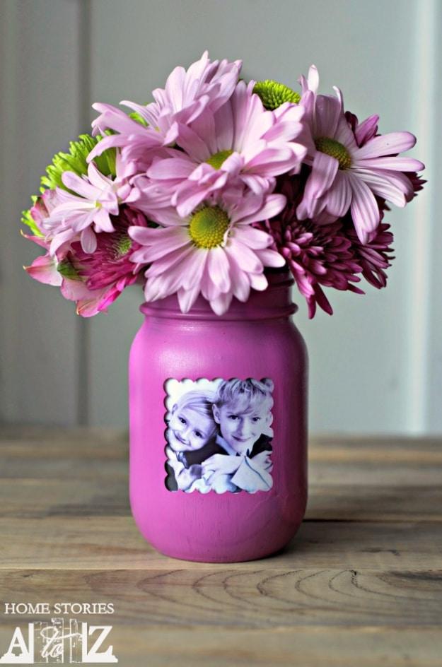 Mason Jar Picture Frame Vase, cheap to pull off with dollar store finds and a piece worth keeping out on display