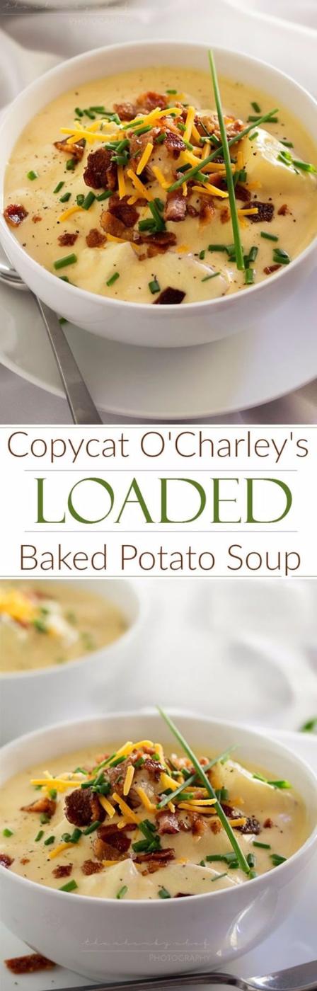 Copycat O'Charley's loaded baked potato soup topped with crumbled bacon, shredded cheddar and chives