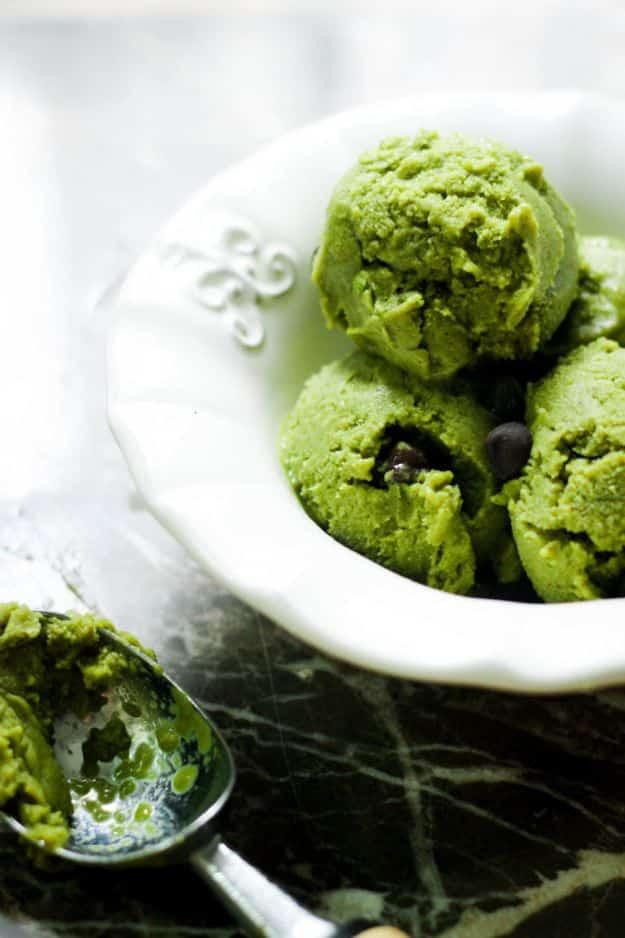 Three ingredient matcha ice cream blended green and scooped into a bowl, a dairy free summer treat made with frozen bananas