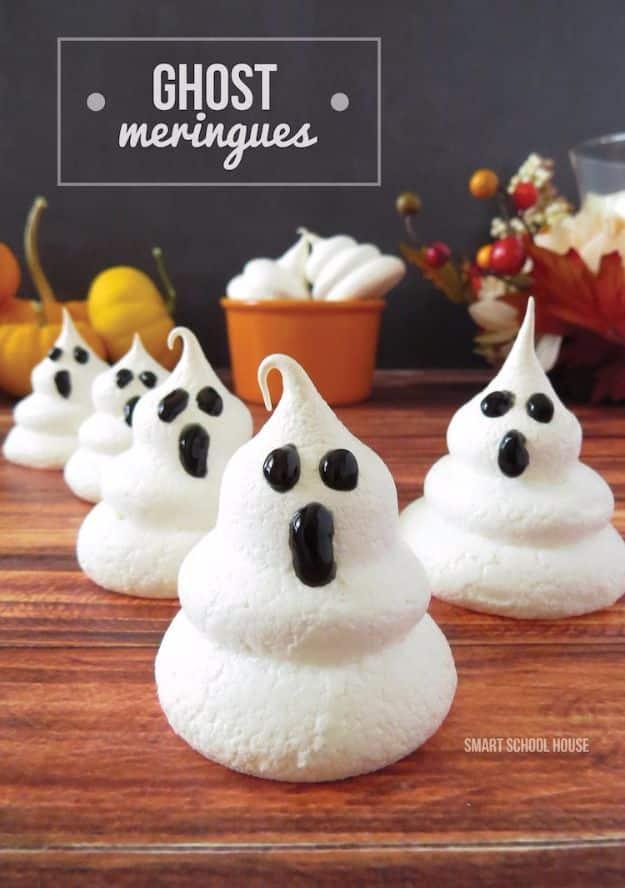 Homemade Halloween treat, kid-friendly spooky serving and creative Halloween recipe, featuring ghost meringues