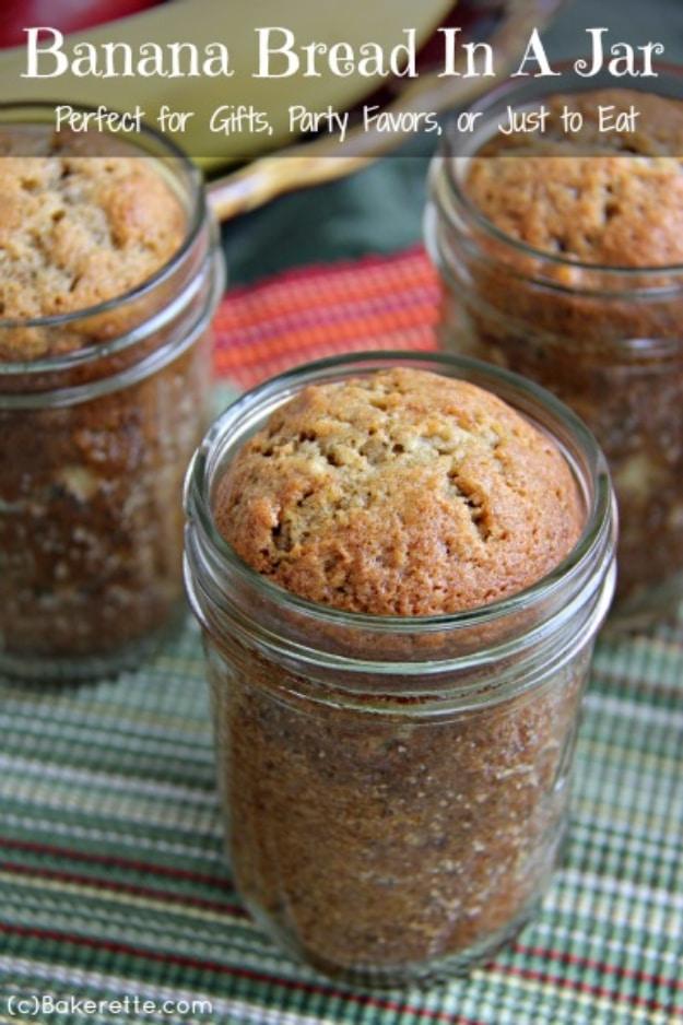 Banana bread in a jar, baked in half pint mason jars and sliding out in neat little loaves after cooling