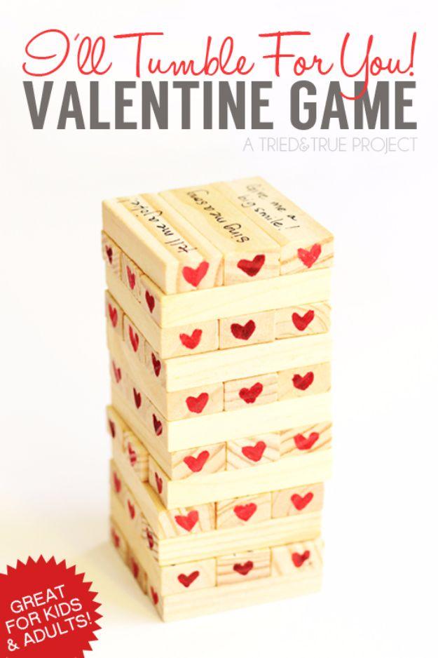 I'll Tumble For You Valentine game, a mini wooden tumble tower with instructions written on the blocks