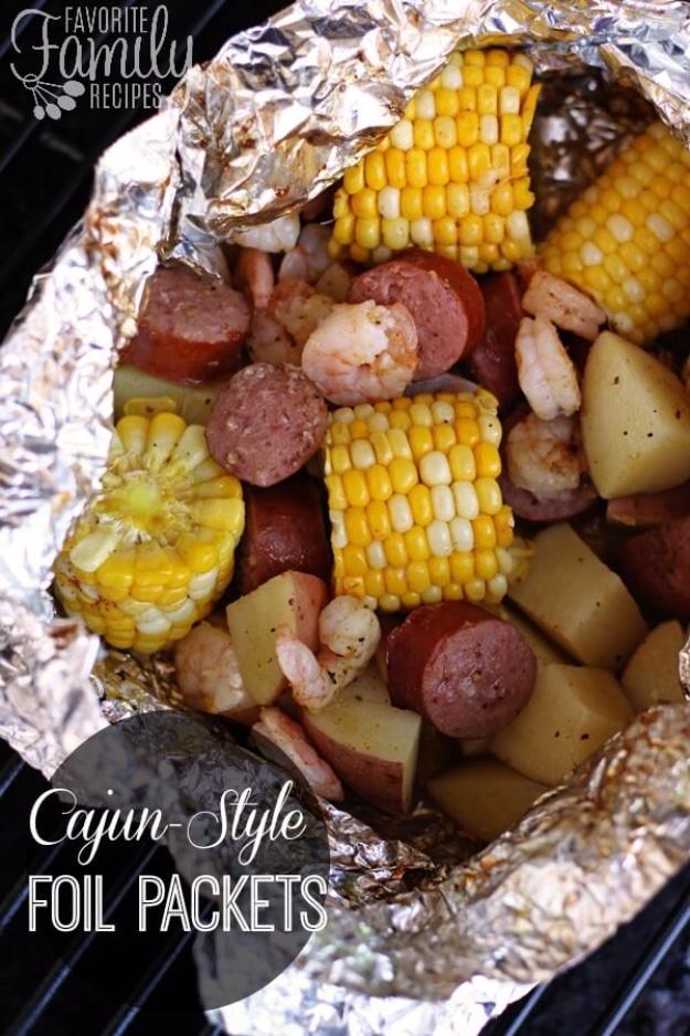 A Cajun style foil packet seasoned bold and spicy for a flavorful campfire dinner cooked in one pouch
