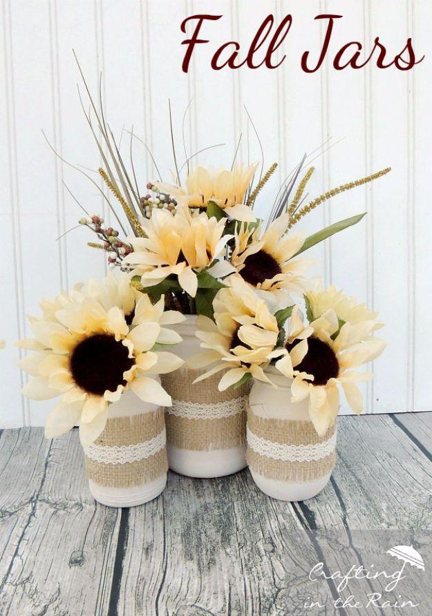 Pin graphic titled Fall Jars showing painted jars wrapped in burlap and lace holding cream sunflowers