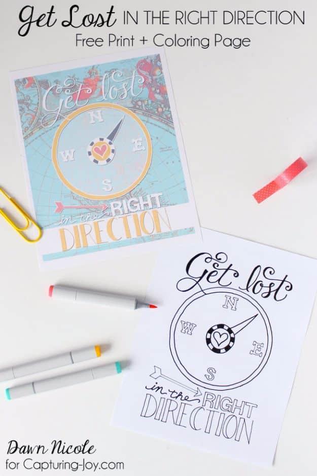 Travel themed coloring page printables, a compass and map print with a black and white version and bright markers