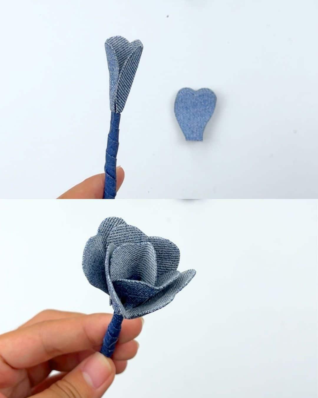 Homemade Denim Roses From Old Jeans — add the first stack of petals
