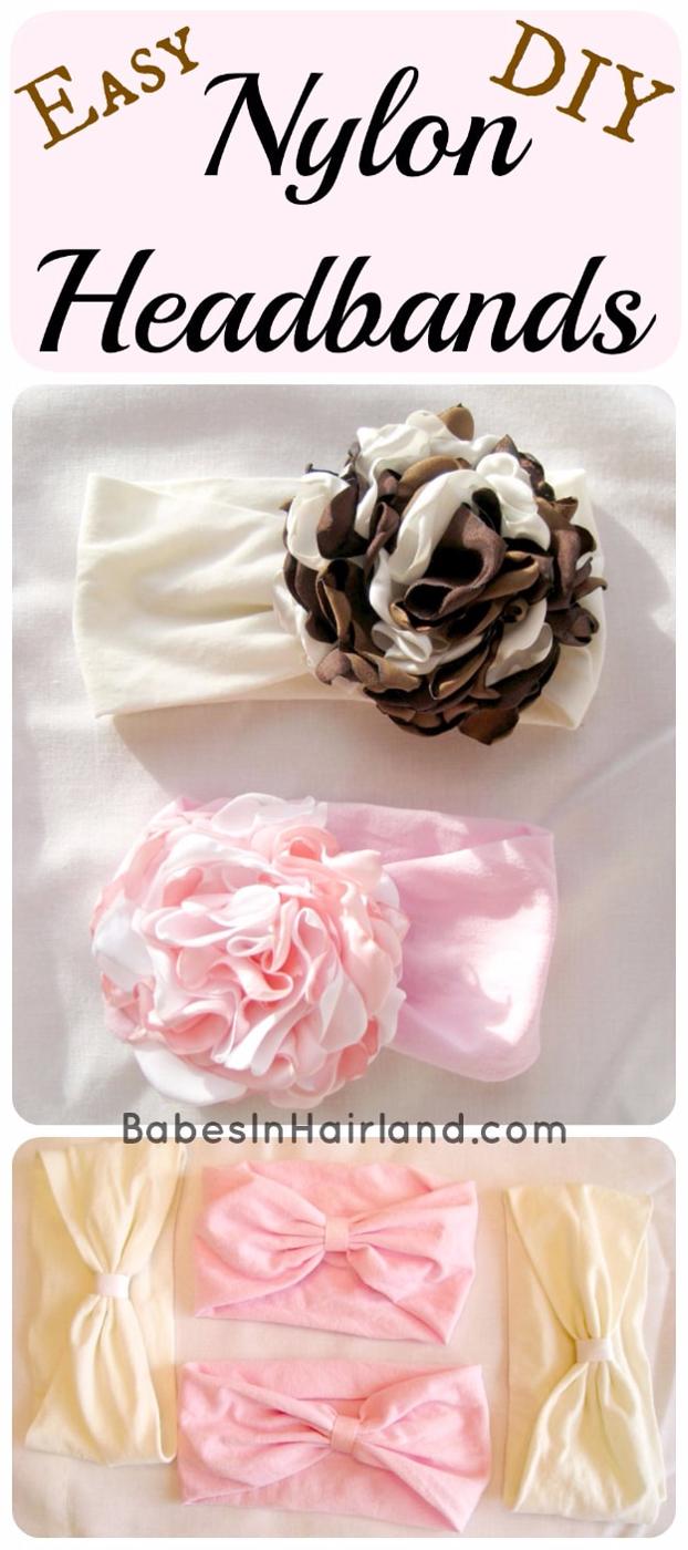 Three nylon headbands in cream and pink with fabric flowers and bows, shown flat and stacked on white fabric