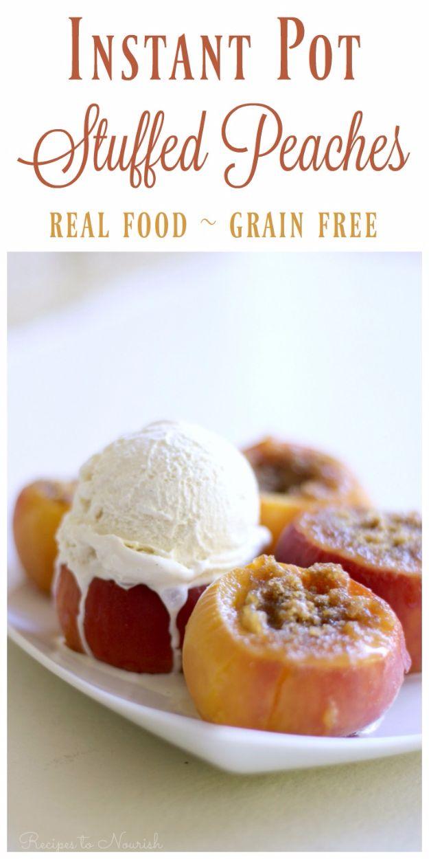 Graphic reading Instant Pot Stuffed Peaches above five whole stuffed peaches on a plate, one with ice cream