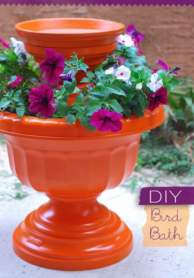 DIY Bird Bath, a budget friendly way to dress up a flower bed and a clever outdoor decor idea anyone can build