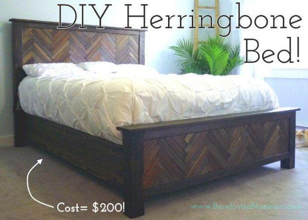 DIY herringbone bed graphic showing a dark stained herringbone headboard and footboard with white bedding