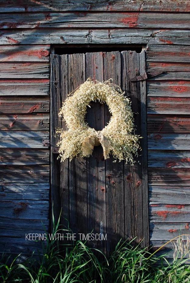 Whole grain wreath of wheat bundles wired at a consistent angle, a rustic country autumn door wreath