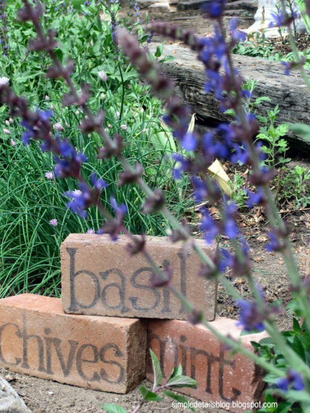 Three bricks lettered basil, chives and mint lying flat in a garden bed among tall purple salvia flowers
