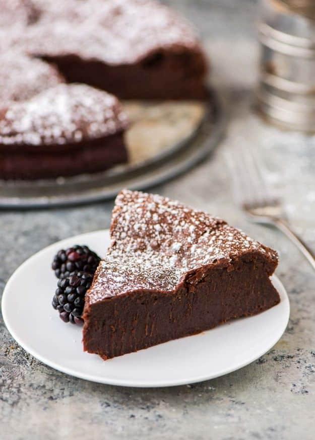 Flourless chocolate torte dusted with powdered sugar and topped with fresh berries, a rich gluten free dessert