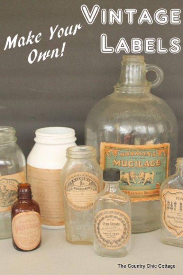 Shelf of vintage glass bottles and jars wearing aged handmade paper labels, a free printable craft project