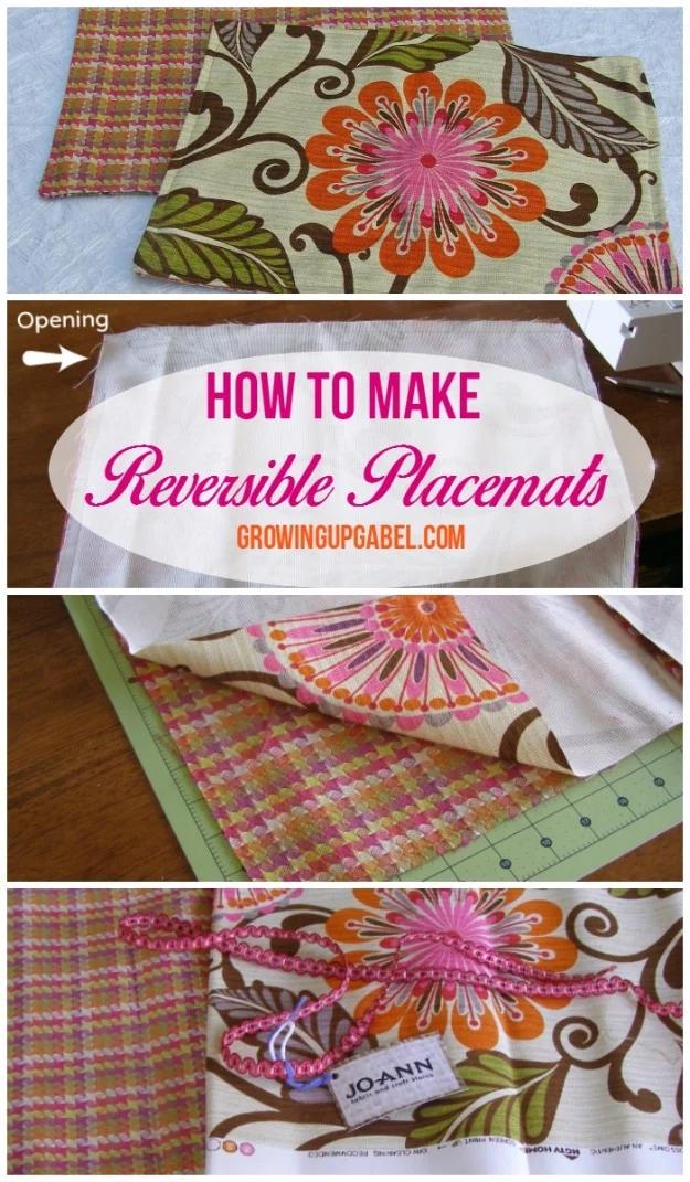 Four panel collage of orange floral and plaid reversible placemats with a cutting mat, trim and finished mats