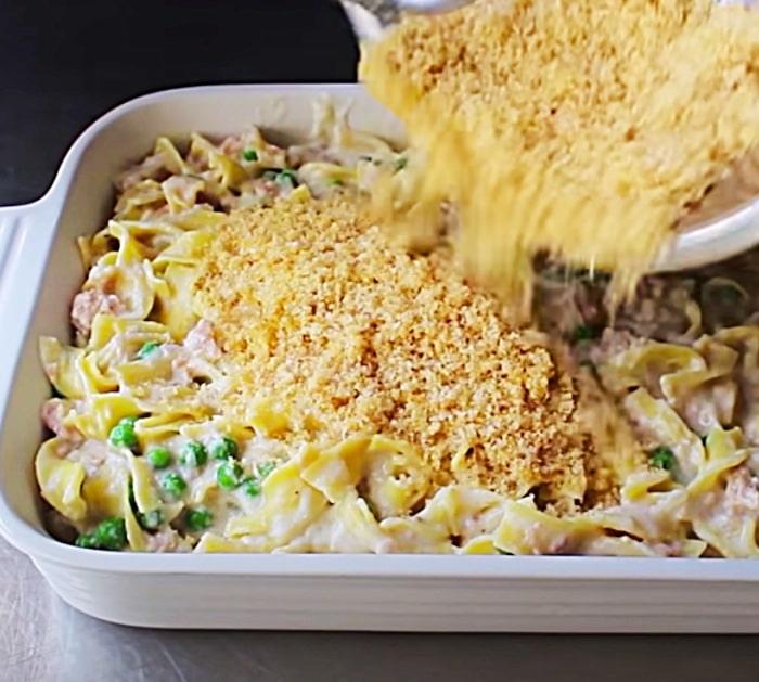 Make a breadcrumb parmesan cheese topping for tuna casserole