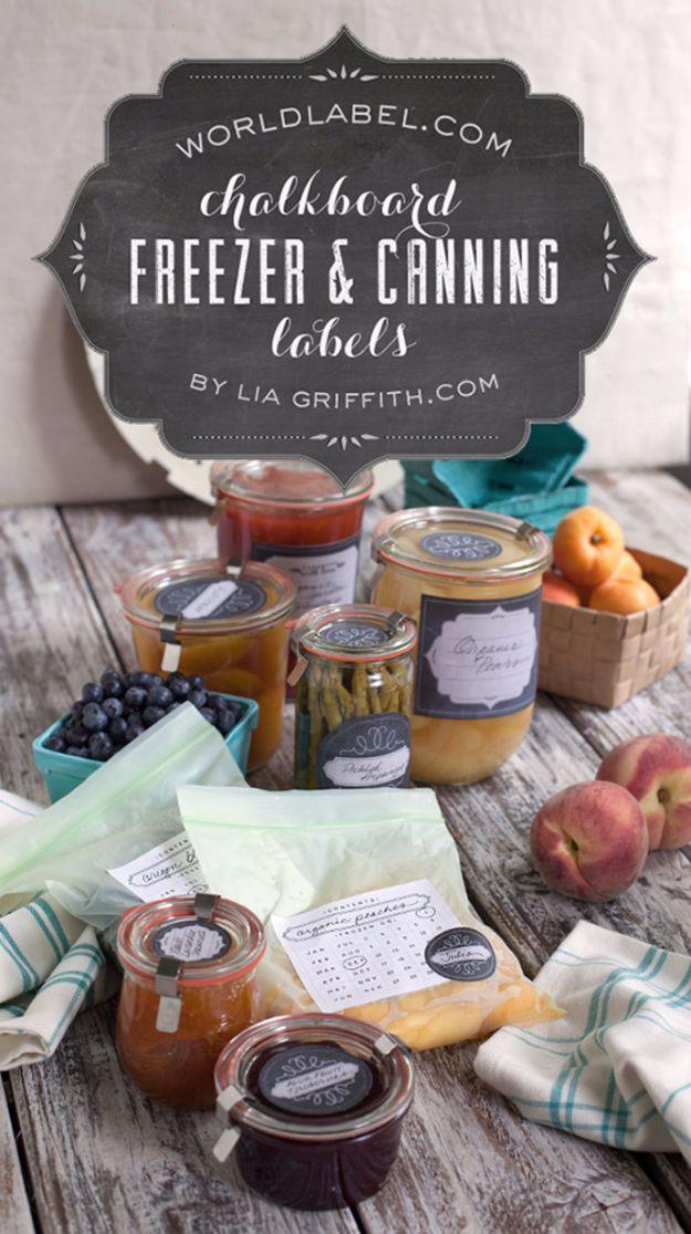 Printable chalkboard style freezer and canning jar labels on jam jars and freezer bags with peaches and blueberries