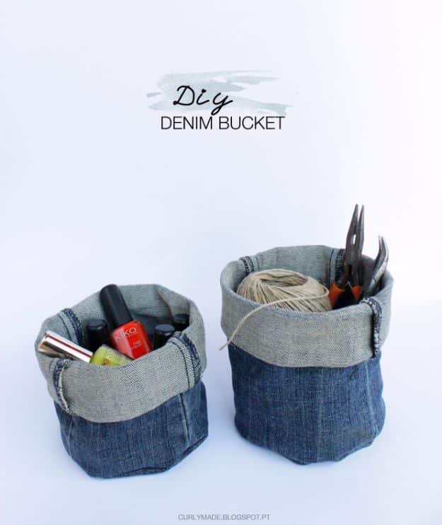 Blue Jean Upcycles - Upcycled Denim Bucket DIY - Ways to Make Old Denim Jeans Into DIY Home Decor, Handmade Gifts and Creative Fashion - Transform Old Blue Jeans into Pillows, Rugs