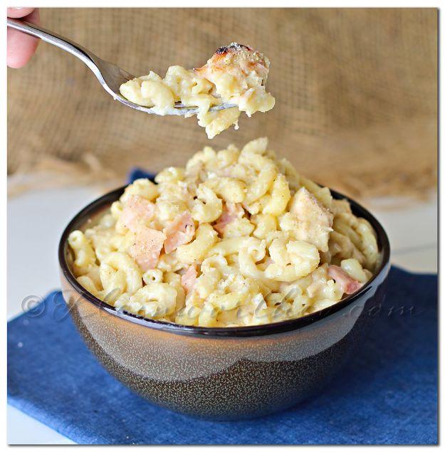 Chicken cordon bleu creamy mac and cheese with diced ham and shredded chicken in a Swiss cheese sauce