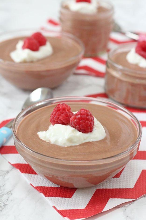 Greek yogurt chocolate mousse chilled in small glasses and topped with fresh raspberries, a no bake protein dessert