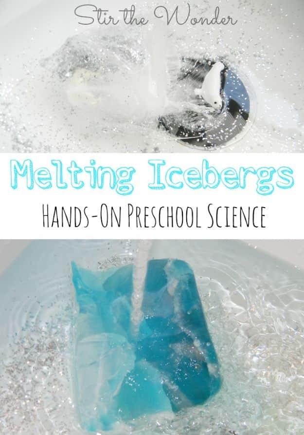Pin graphic reading Melting Icebergs Hands-On Preschool Science, chunks of blue ice melting in a sink of water
